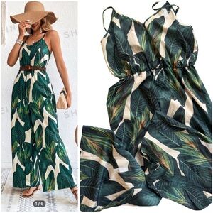SHEIN VCAY Tropical Print Wide Leg Cami Jumpsuit Without Belt